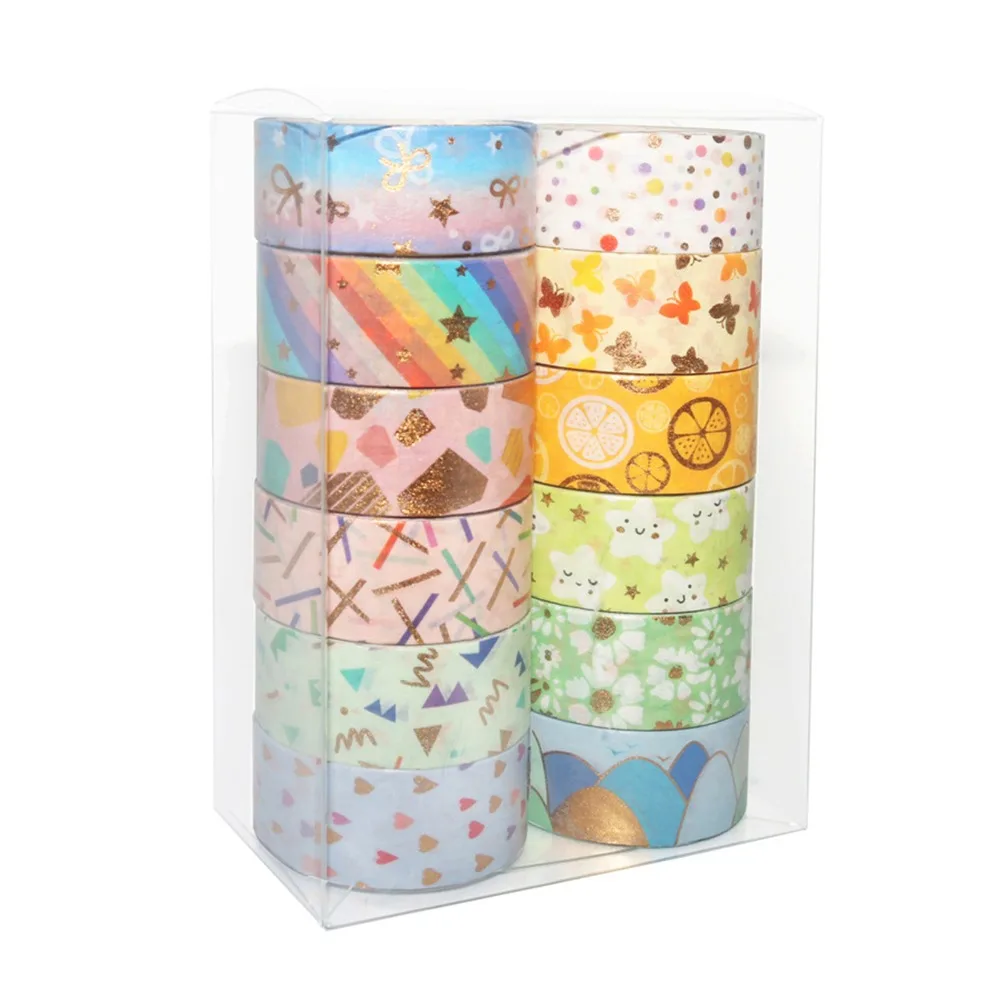 12Pcs Stylish Washi Tape Washi Tape Set 15mm Wide Bronzing Masking Tape Candy Color Pattern Printed Adhesive Tape Scrapbooking