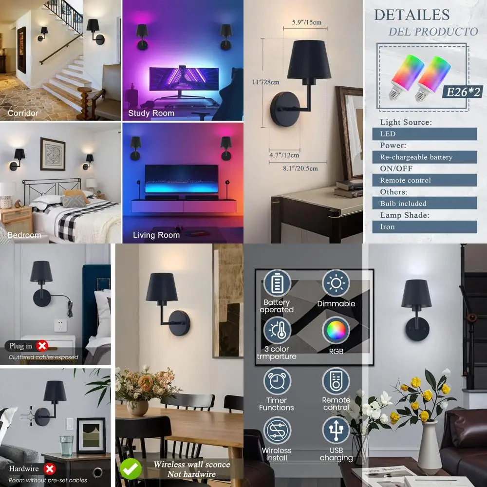 

Pair of Wireless RGB Rechargeable Wall Sconces with Dimmable Bulbs, Modern Design for Home