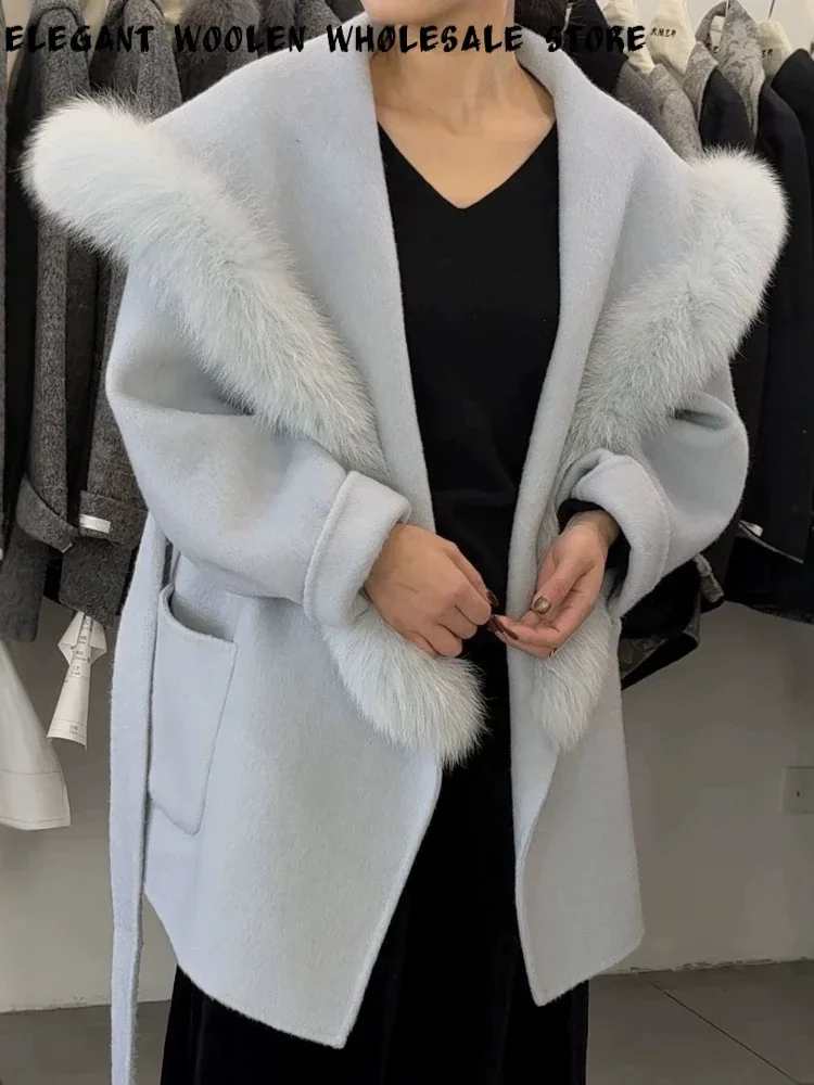 Women's Coat Wool with Fur Collar  Oversized Shawl Collar Jacket Belted Wrap Thick Insulated Warm Classy for Commuting Style