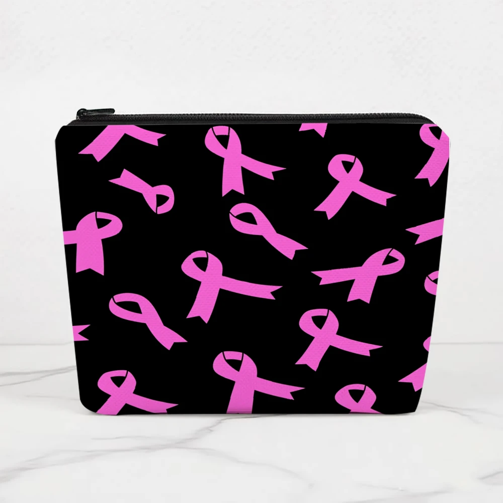 Pink Ribbons On Black Background Makeup Bags for Girls Cosmetic Pouch Toiletry Bag Pencil Case Travel Storage