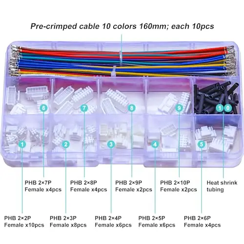 2.0mm Pitch JST-PHB 2.0 Female Connector with  22AWG Pre-Crimped Cables,Dual Row witht Lock PH 2.0mm 2 *  Female Housing (PHB