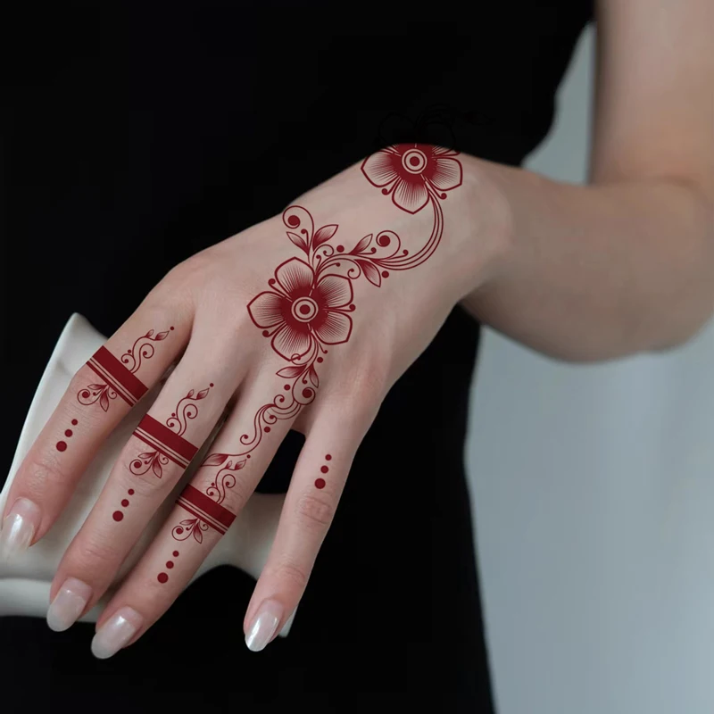 6 個あずき色の花一時的なタトゥー女性用防水ヘナタトゥーステッカー手とボディアートフェイクタトゥーリムーバブル
