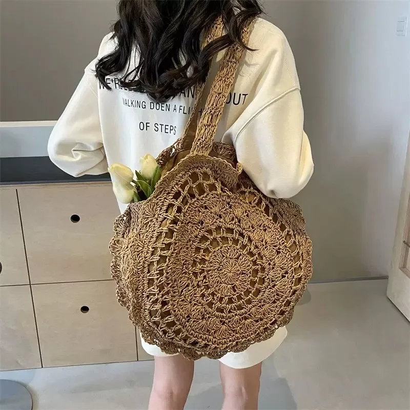 Hand-woven paper rope tote bag with floral pattern large capacity beach shoulder bag for women seaside vacation