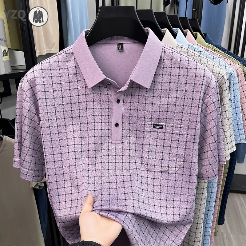 Business Casual Mens Small Check Pattern Polo Short Sleeve Breath Cloth Short Vacation Weekend Party Apparel