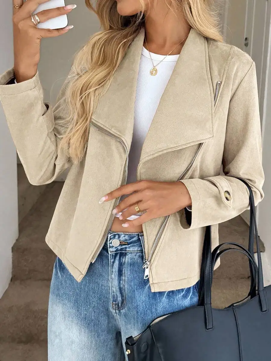 

Women's Faux Suede Moto Jacket with Asymmetrical Zip and Lapel Collar