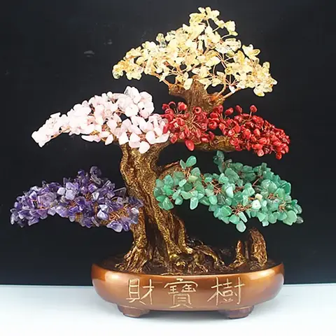 Árbol de cristal de chakras con propiedades curativas - Árbol de dinero bonsái Feng Shui para riqueza y prosperidad - 14" / 38 cm