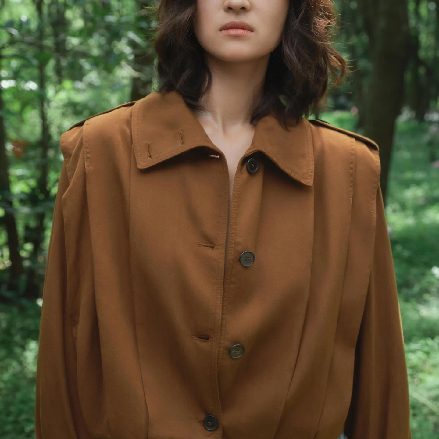 Women's Casual Style Long Sleeve Turn-down Collar Pocket Embellished Belted Outerwear Short Coat Loose Fit Button Closure