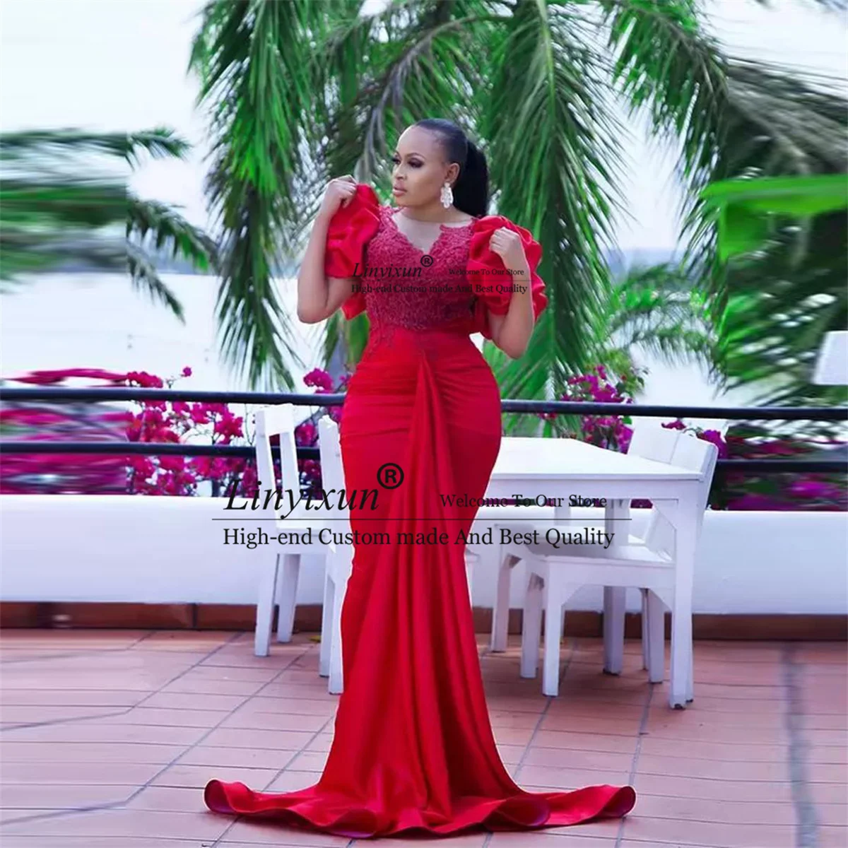 African Mermaid Prom Dresses 2022 Women Plus Size Red Evening Gowns With Puffy Sleeves Lace Appliques Long Formal Party Dress