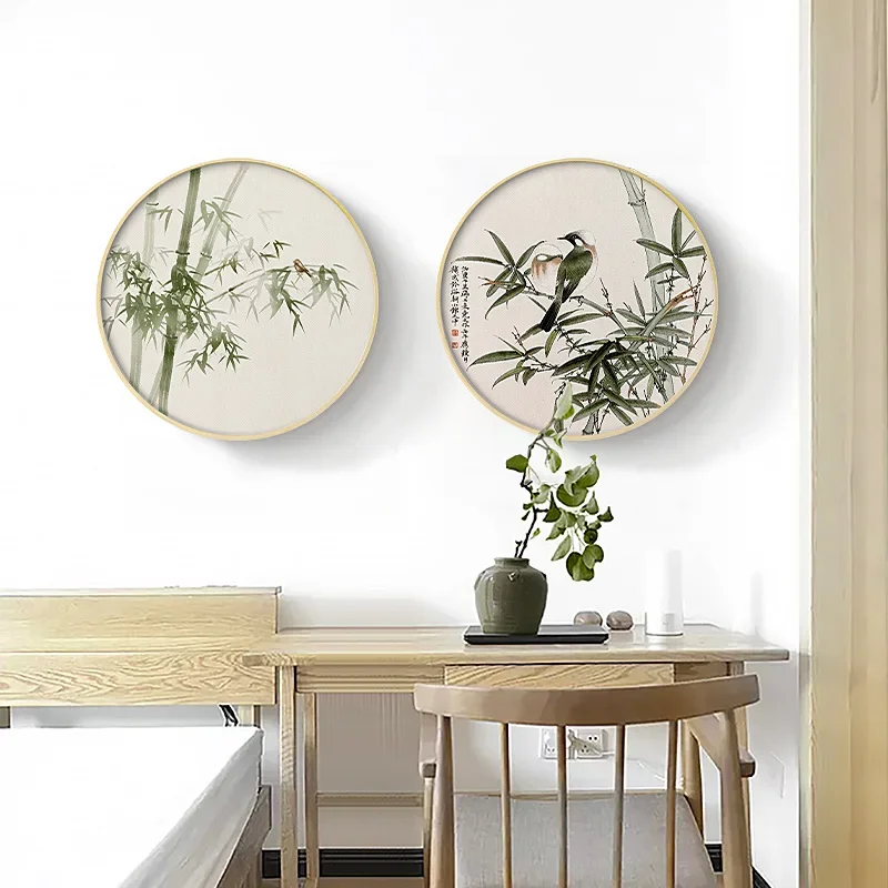 CL new Chinese style log wind living room decorative painting round hanging painting flower bird emerald green