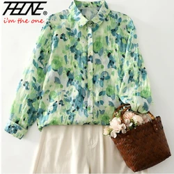THHONE Autumn Winter Women Shirt Blouse Print Vintage Elegant Casual Korean Long Sleeve Floral Loose Women's Clothing Oversize