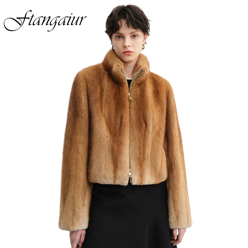 Ftangaiur New Winter Imported Mink Fur Coat Pure Color Mandarin Collar Women Short Full Sleeve Natural Real Mink Fur Coats