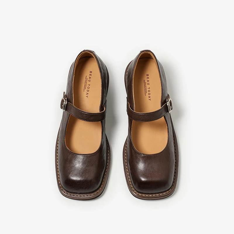 BEAUTODAY Vintage Mary Janes Women Cow Leather Waxing Square Toe Buckle Strap Casual Ladies Flat Shoes Handmade 28344