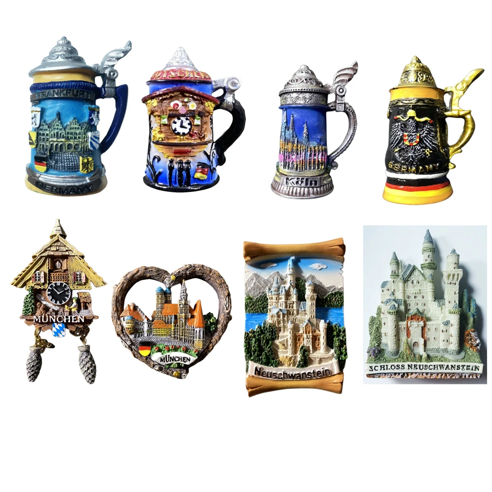 8pcS German Souvenirs Refrigerator Sticker Magnetic Handmade Painting Classical Wine Jug Beer Cup Landmark Building Decoration
