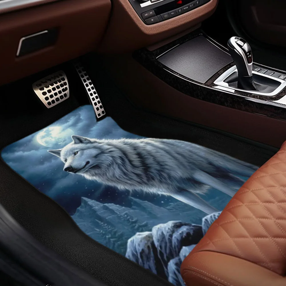 Wolf-Themed Anti-Slip Car Floor Mats - Fit, Front & Rear Seat Protection, Durable Polyester, Stylish Auto Interior Accessories