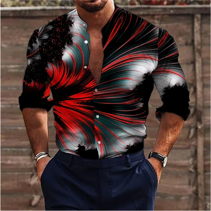 

Men's Personalized Style Colorful Splashed Ink Stand Up Collar Long Sleeved Shirt High-End Sense Contrasting Color Top MB12