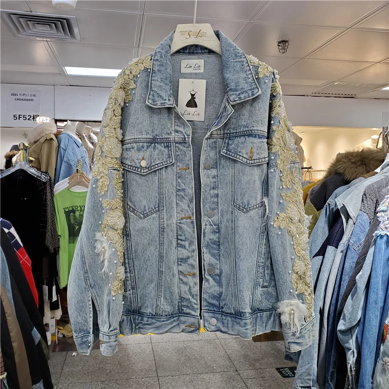 Vintage Beaded Flowers Denim Jacket Spring Autumn Women Loose Korean Casual Lapel Batwing Sleeve Jeans Jacket Female Basic Coat