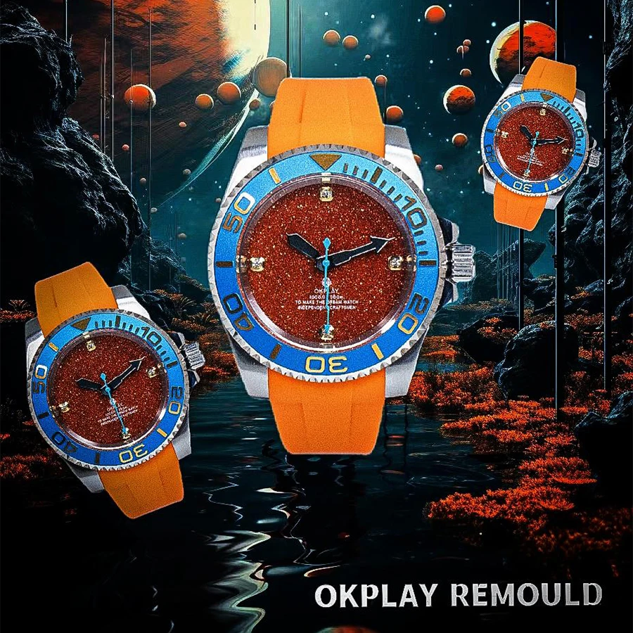 OKPLAY Men Automatic Watch 40mm Customized Modified Mechanical Wristwatch 10ATM Waterproof Luminous NH35 Fluororubber Strap