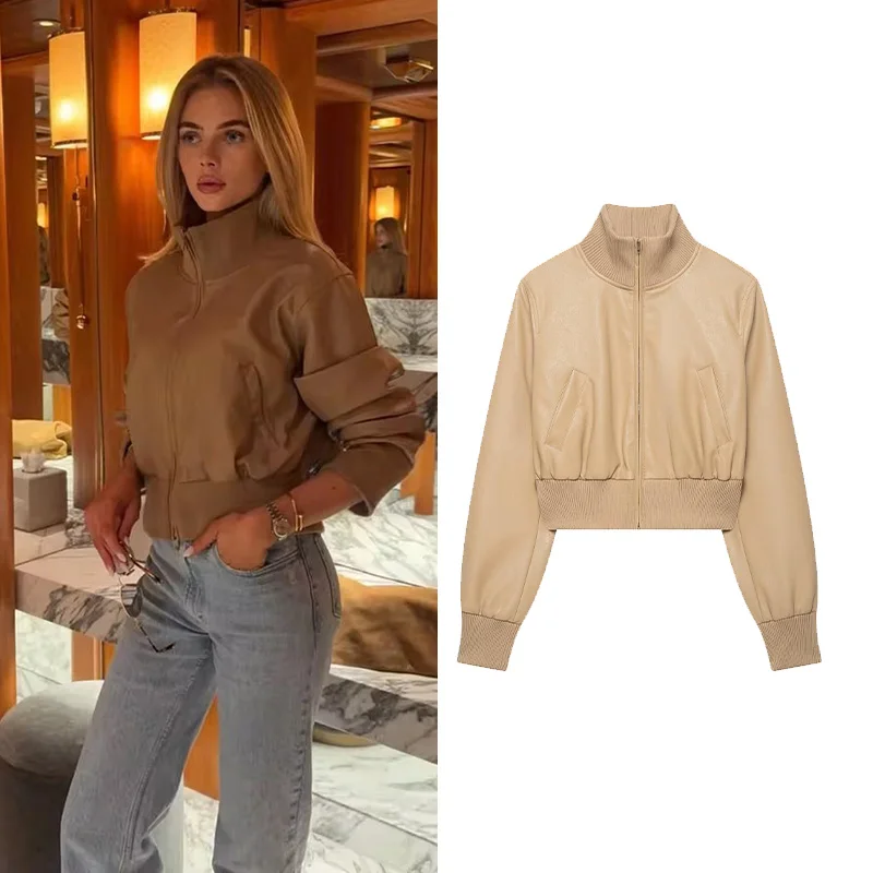 Women's Faux Leather Pilot stand collar Jacket New 2026 Autumn Long Sleeve Women Zipper Outerwear Female Motorcycle Coats