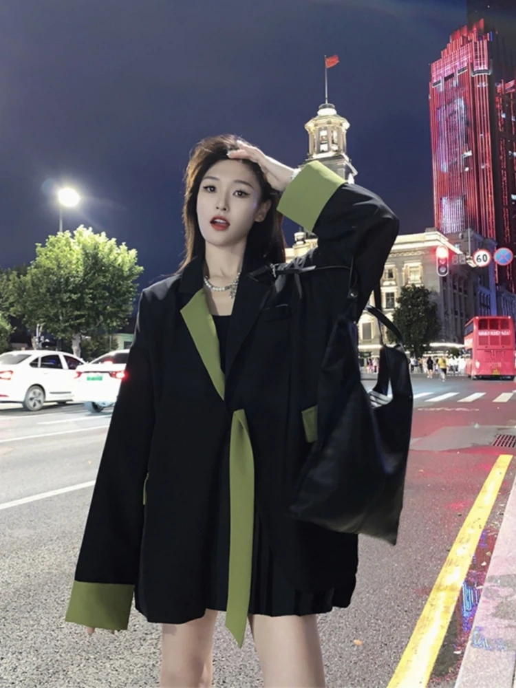 

2025 Spring Autumn Women's Sweet Loose Fit Long Sleeve With Color Block Ribbon - Chic Oversized Mid-length