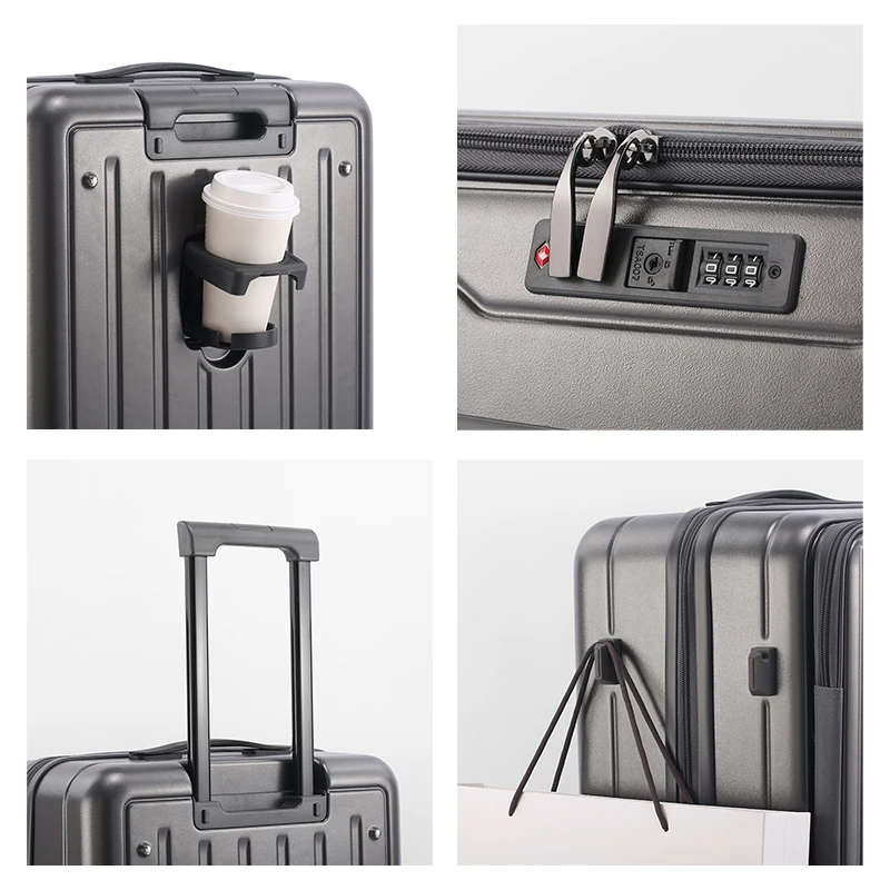 Front Opening Zipper Luggage ABS+PC Large-Capacity Suitcases Folding Cup Holder Multi-Function Hook Roller Suit Case 20\