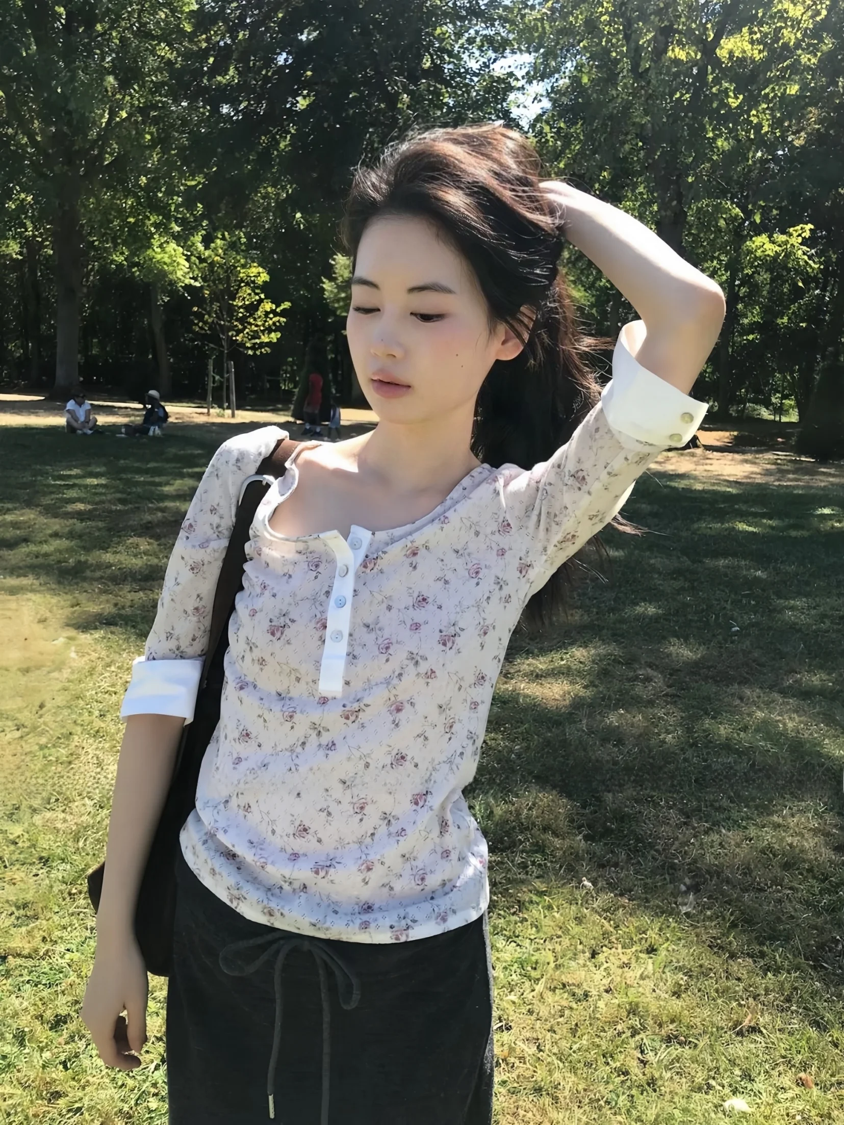 Loose Floral Print Half Sleeve Henry Collar Skirt Set Women's Autumn Winter Casual Style Cotton T-shirt Ensemble