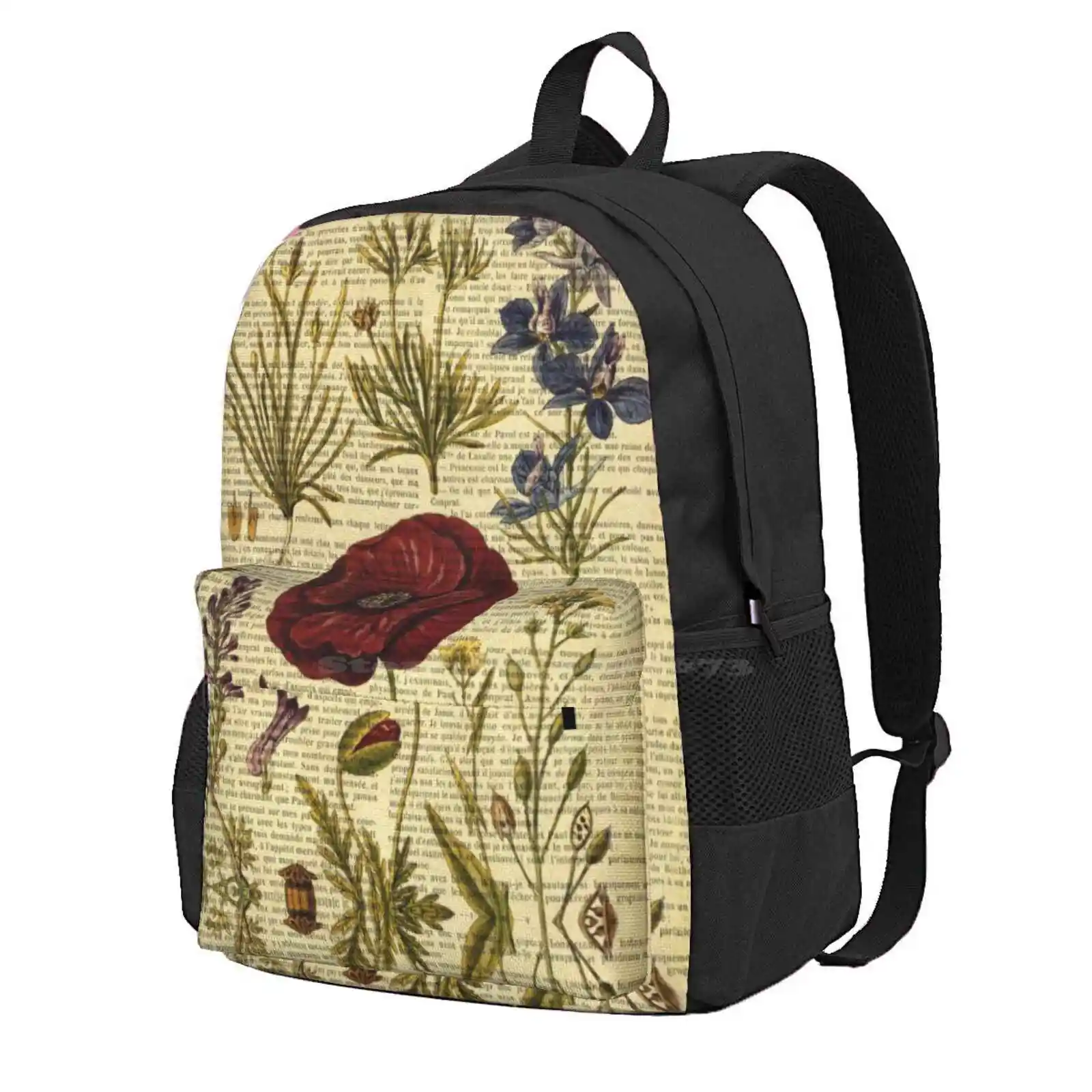 Botanical Print, On Old Book Page - Flowers Hot Sale Schoolbag Backpack Fashion Bags Botanical Rose Magnolia Poppy Poppies On