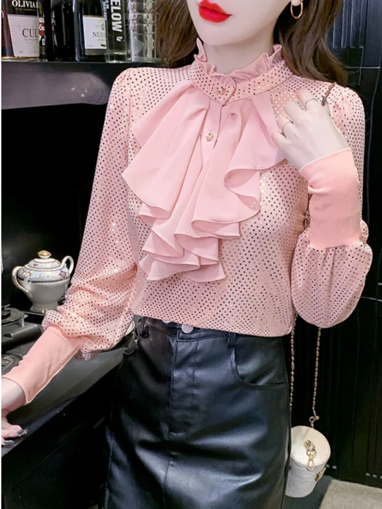 #3130 Black White Pink Sequined Shirt Stand Ruffled Collar Office Blouse Femme Long Sleeve Slim Spliced Ruffles Women Blouses