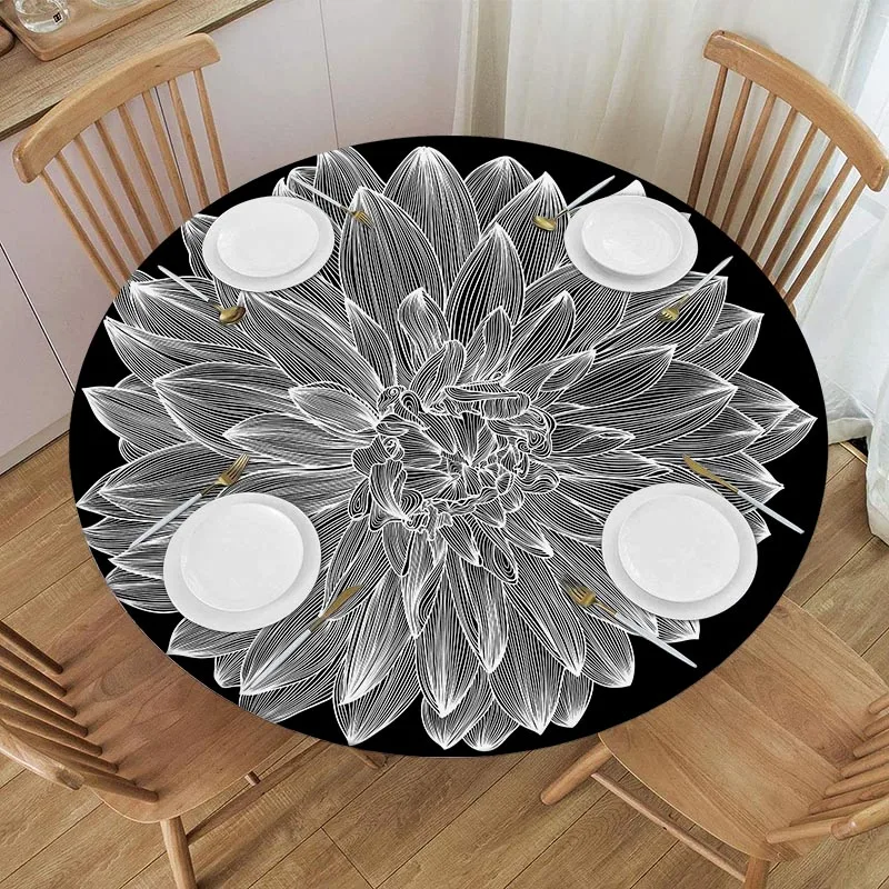 

3D Flower Elastic Fitted Edged Round Tablecloth Mandala Table Cloth Washable Cover for Dining Table Decoration Accessories