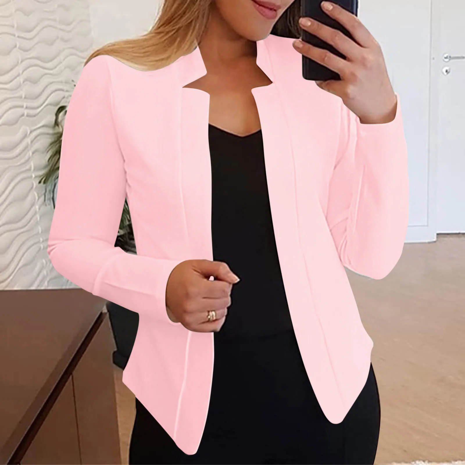 Women Casual Solid Long Sleeve Open Front Notched Collar Suit Cardigan Office Ladies Jacket Daily Work Coat