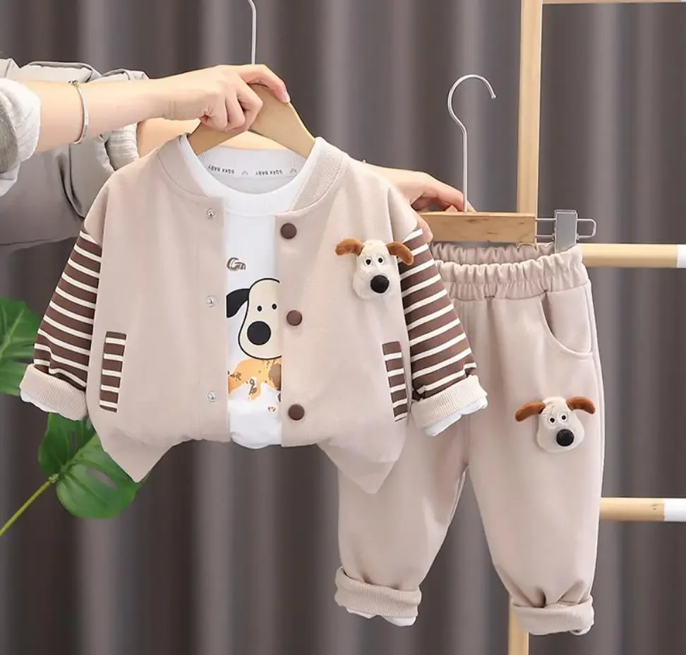 Boys Infant Outfits Sets 2024 Spring Autumn Kids Baby Clothes Cartoon Puppy Cardigan Coat+T-shirts+Pants 3Pcs Toddler Tracksuits