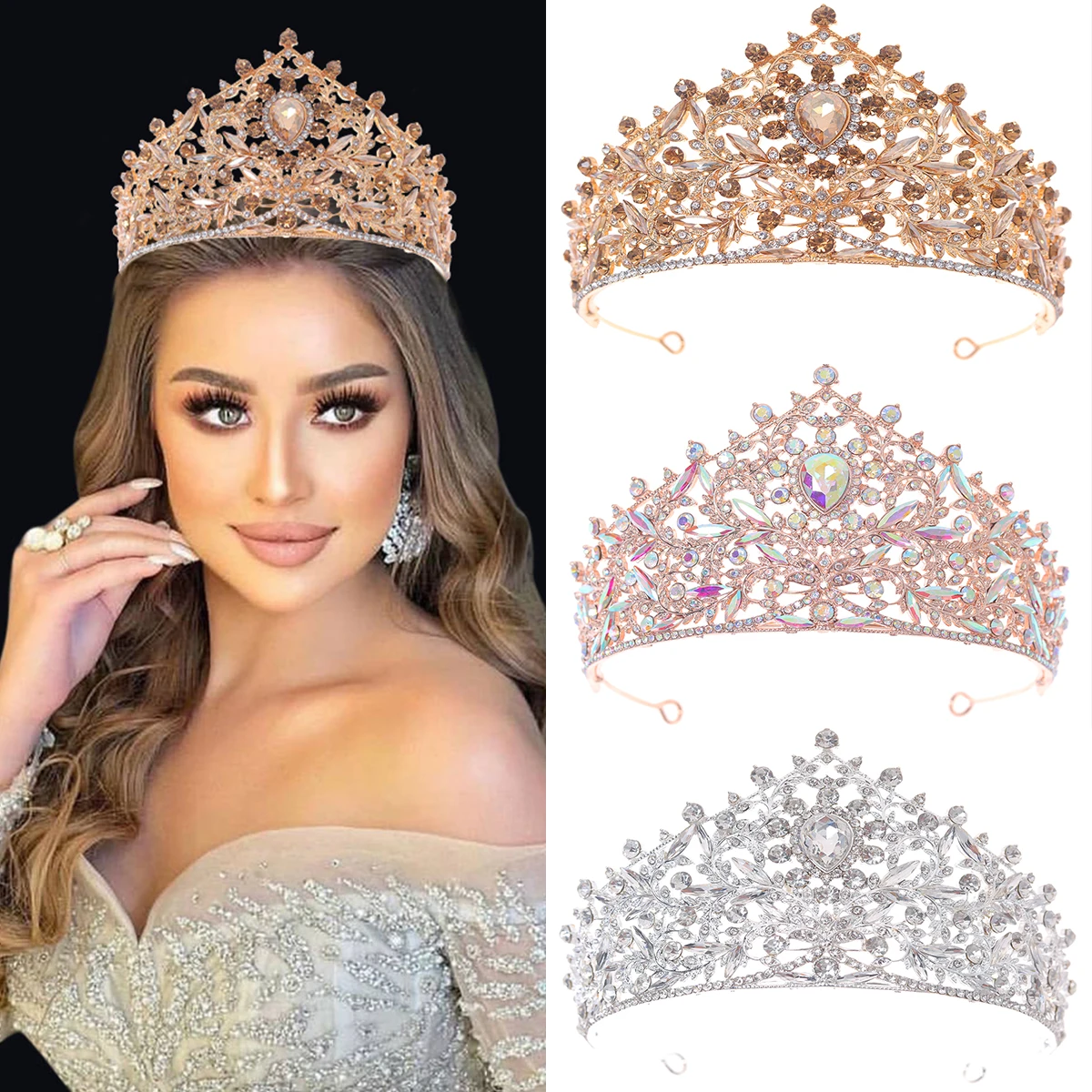 Moda rosa ouro prata cor cristal nupcial tiara coroas para mulheres noiva rainha princesa diademas casamento acessórios de cabelo