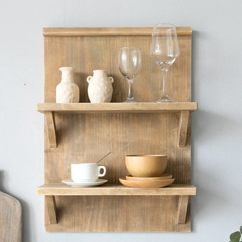 Pinewood Storage Rack  Wabi-Sabi Wall Shelf  Vintage Japanese Kitchen Partition  Wall-Mounted Mug Holder