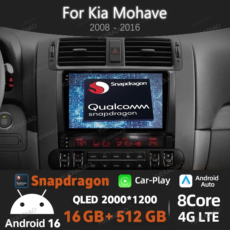 Radio para Auto Android 16 para Kia Mohave 2008-2016 Borrego 2008-2011, Reproductor Multimedia Estéreo, Reproductor de Video, Unidad Principal con GPS Qualcomm NAVI