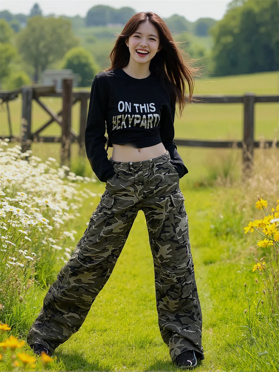 Pantaloni casual da donna stile coreano Camouflage bordo grezzo donna orlo senzaed look vintage moda streetwear trendy vita alta dritto