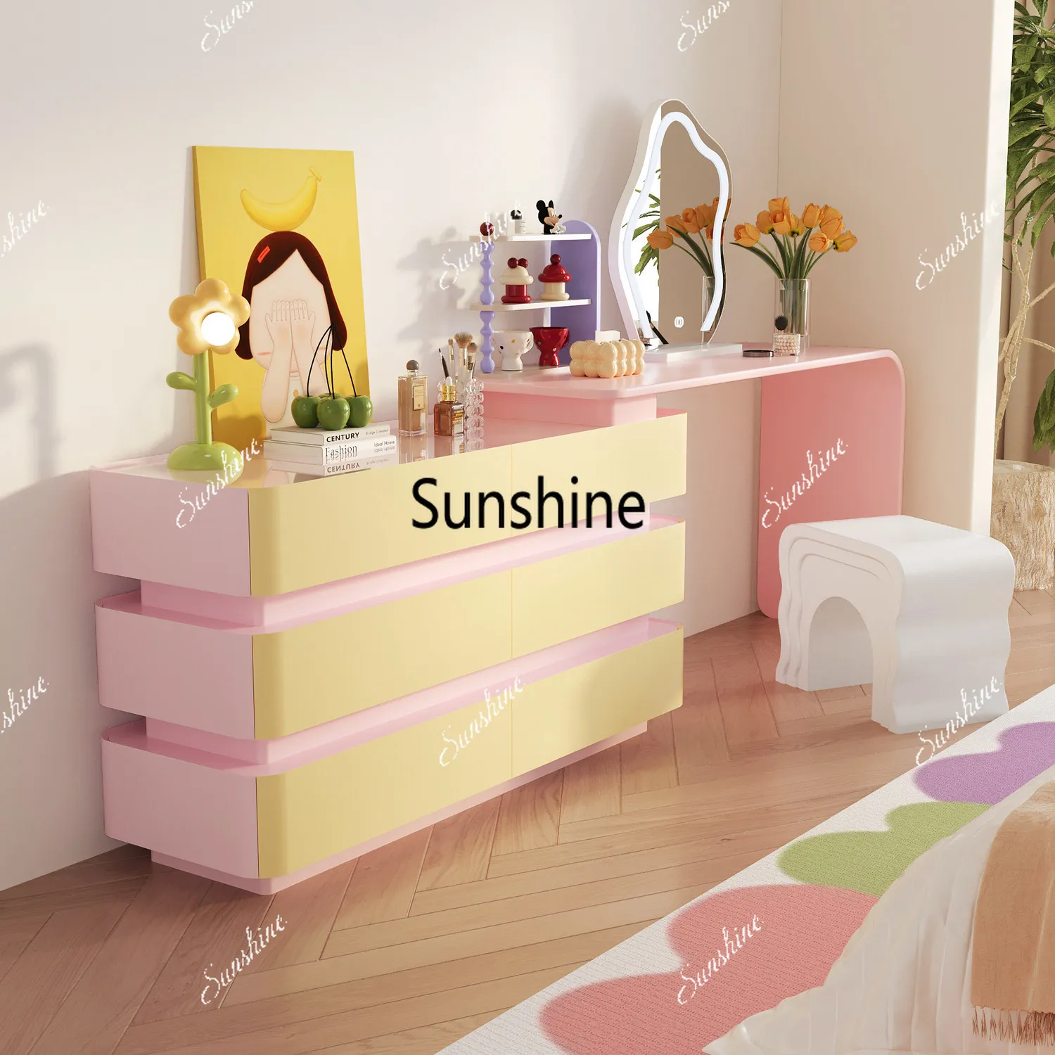 Dressing table integrated furniture for bedroom, expandable storage, black solid wood premium