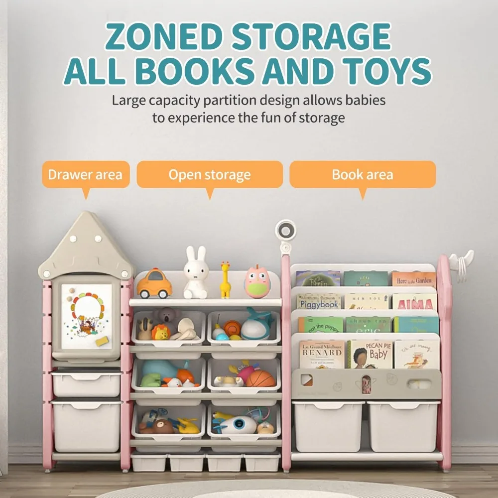 Kids Toy Storage Organizer and Children Bookshelf, with 14 Bins, Pull-Out Drawers Multipurpose Shelf for Toddlers to Organize