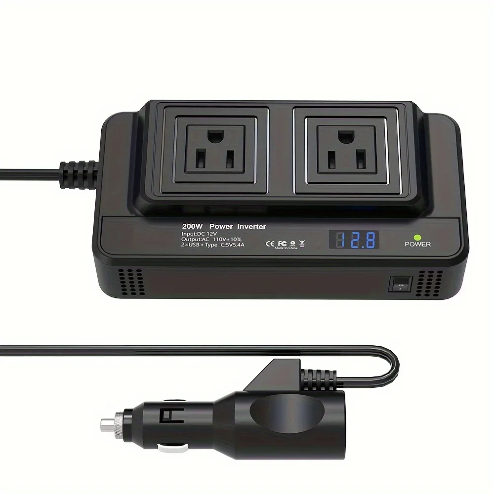 

200W 12V to 220V Modified Sine Wave Car Power Inverter with 2 USB & Type C Output 5.0V 5.4A Dual Car Charger Power Inverter