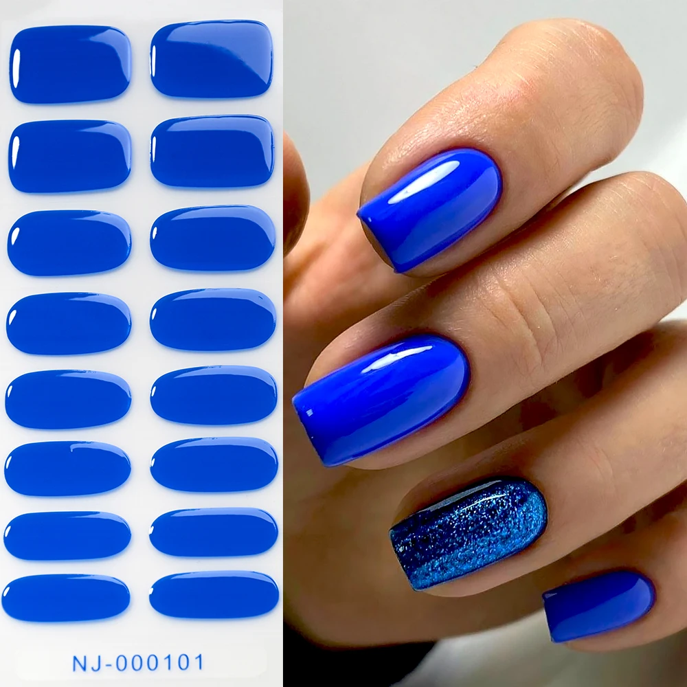 16tips Klein Blue Glossy Semi-Cured Nail Wraps Full Cover Solid Color Stickers For Nails UV Lamp UV Gel Nail Extension Stickers