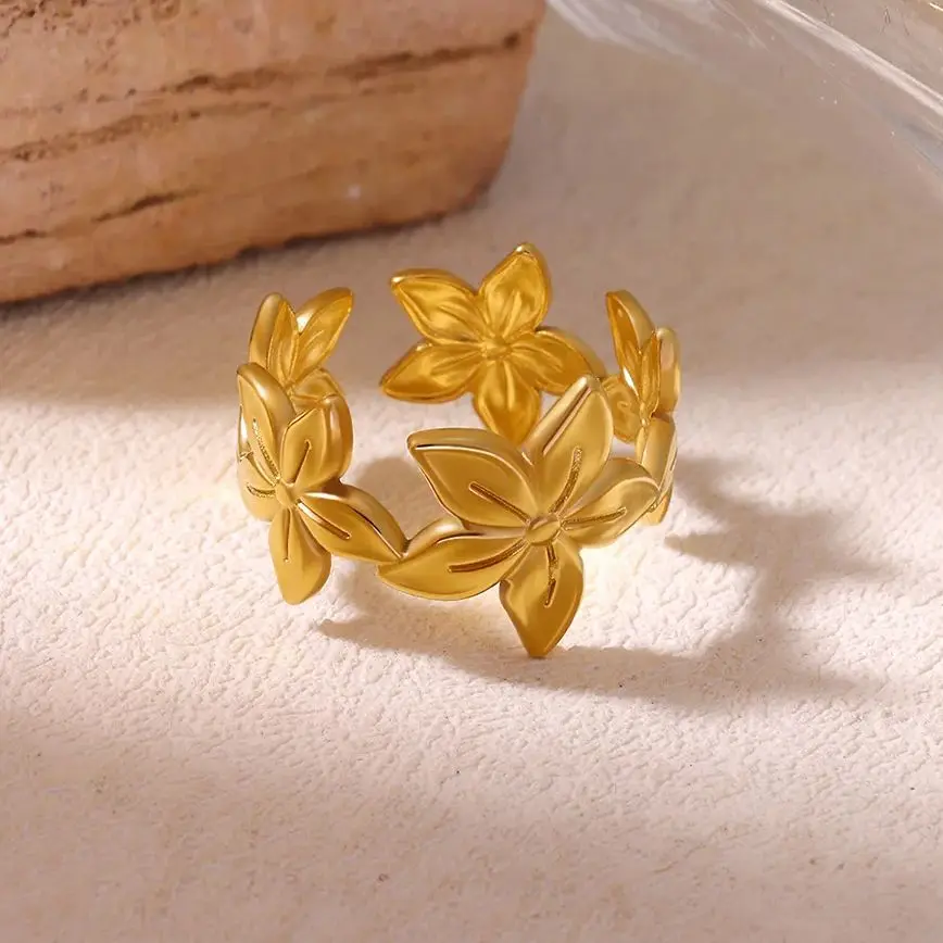 

Creative Five Bud Flower Rings For Women Gold Color Stainless Steel Open Ring Punk All Match Jewelry Accessory Her Dainty Gifts