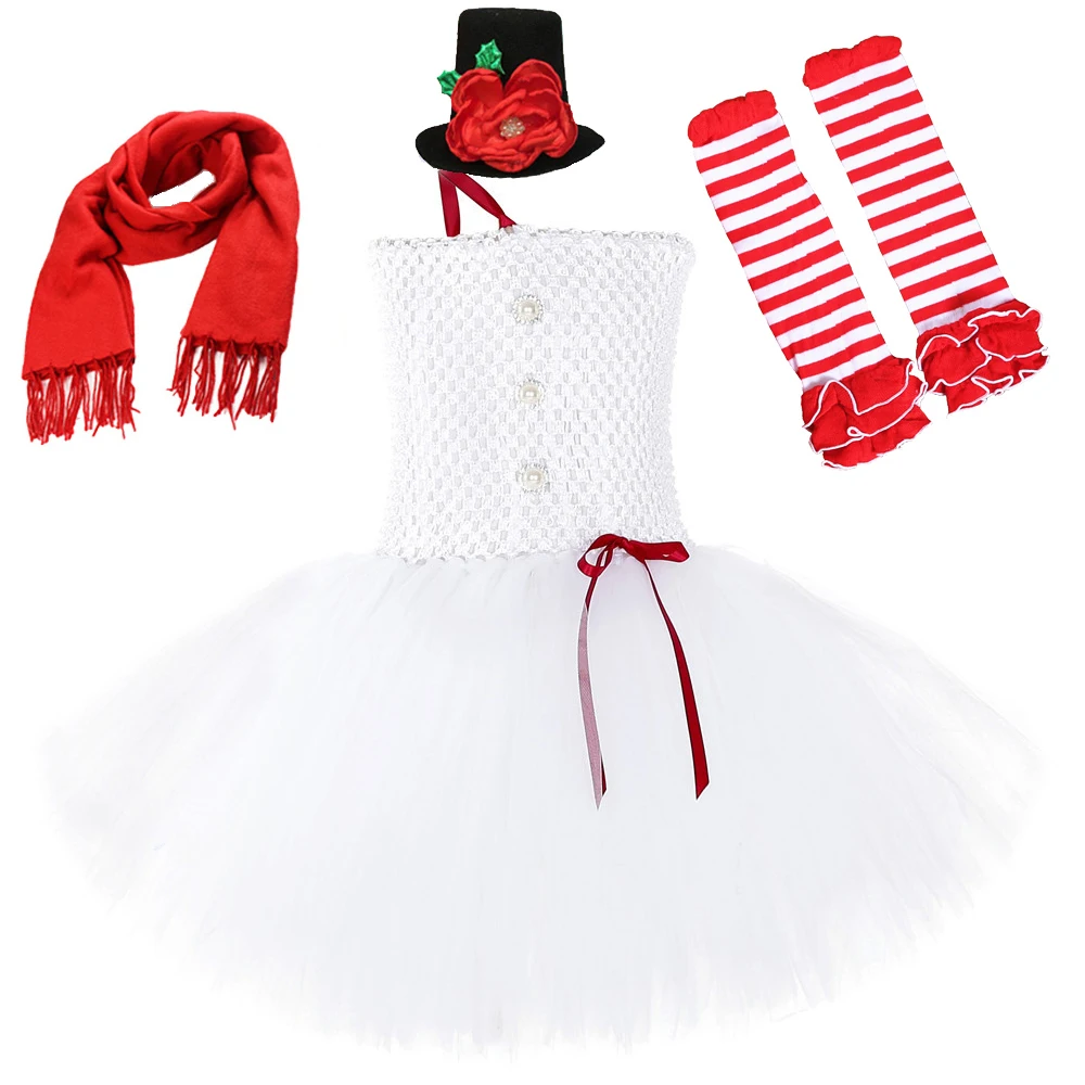 White Snowman Costume for Girls Christmas Carnival Tutu Dress with Scarf Socks Hat Children New Year Outfit Xmas Holiday Clothes