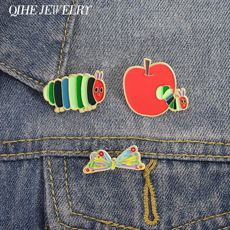 Classic Children's Picture Book Enamel Pins Funny Cartoon Animal Caterpillar Apple Butterfly Brooches Lapel Badge Jewelry Gifts