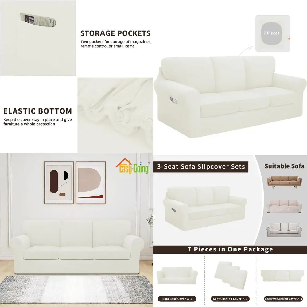 

Washable 7-Piece Stretch Sofa Cover Set with Anti-Slip Protection for 3-Cushion Couch, Elastic Bottom, Large, Ivory