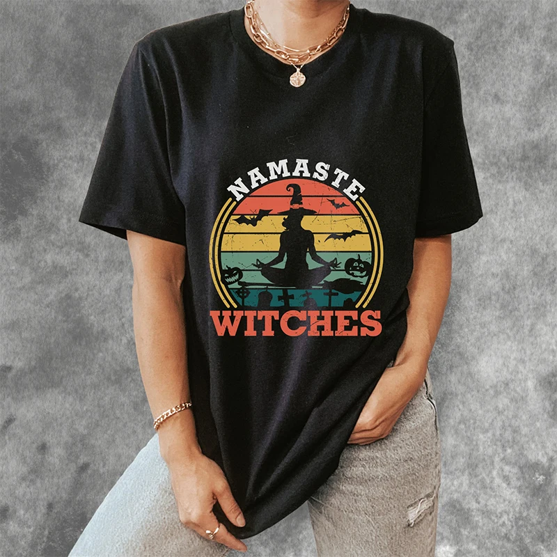 

Vintage Namaste Witches Women T Shirts Retro Halloween T-shirt Crew Neck Ladies Clothes Gothic Tshirts Short Sleeve Tops Wicca