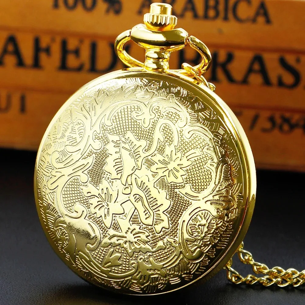 ساعة جيب كوارتز ذهبية فاخرة Steampunk قلادة مجوهرات أسود أرقام عربية الهاتفي سلسلة بدلاية ساعة هدية Relogio De Bolso