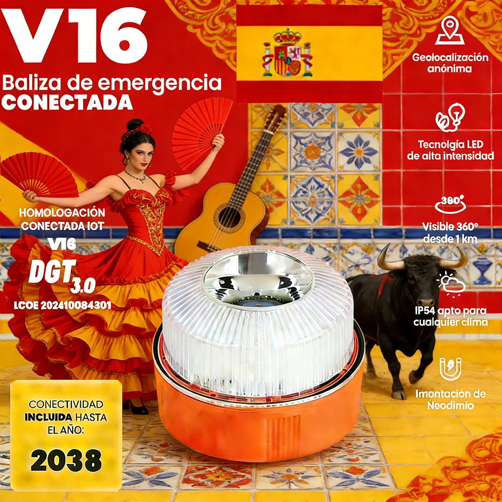 

2026 Новый испанский автомобильный аварийный светильник DGT 3.0, одобренный V16 с SIM-картами, предупредительный световой план передачи данных, расширяет 2038