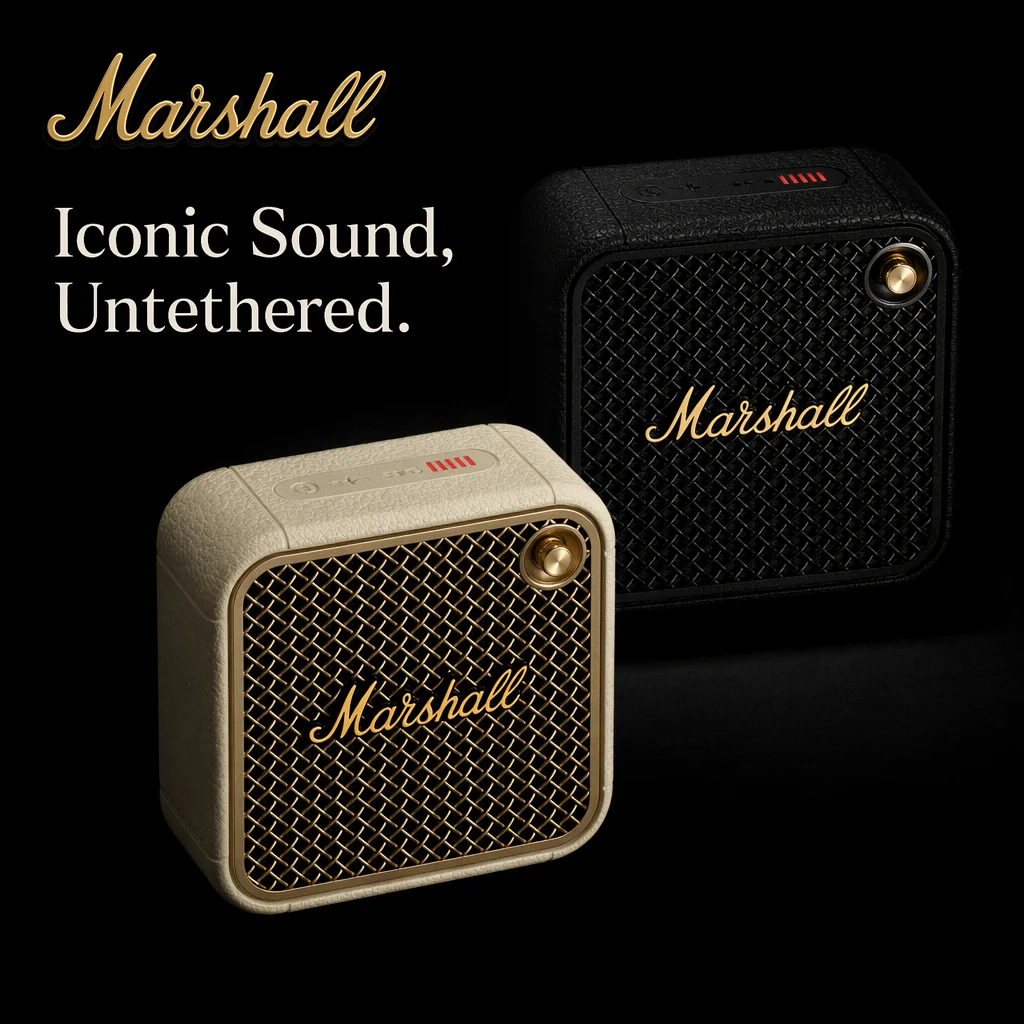 Altavoz Bluetooth Marshall Willen Mini Square, Altavoz Inalámbrico con Textura Retro, Bajos Potentes, Decoración de Escritorio, Caja de Sonido Portátil