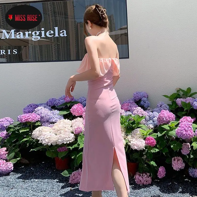 Strapless Skinny Slim Fit Stretch Pink Vestido Mulheres Simples Sexy Ruffles Peito Elegante Vestidos Romântico Data Hotsweet Vestidos