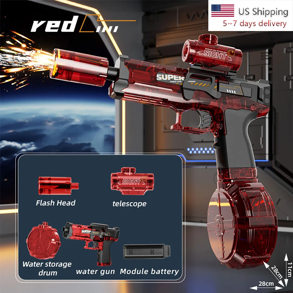 QL2024-32 Light Flashing Electric Fire Water Gun Summer Large Capacity Automatic Squirt Guns Kids Outdoor Red Water Gun Toy Gift