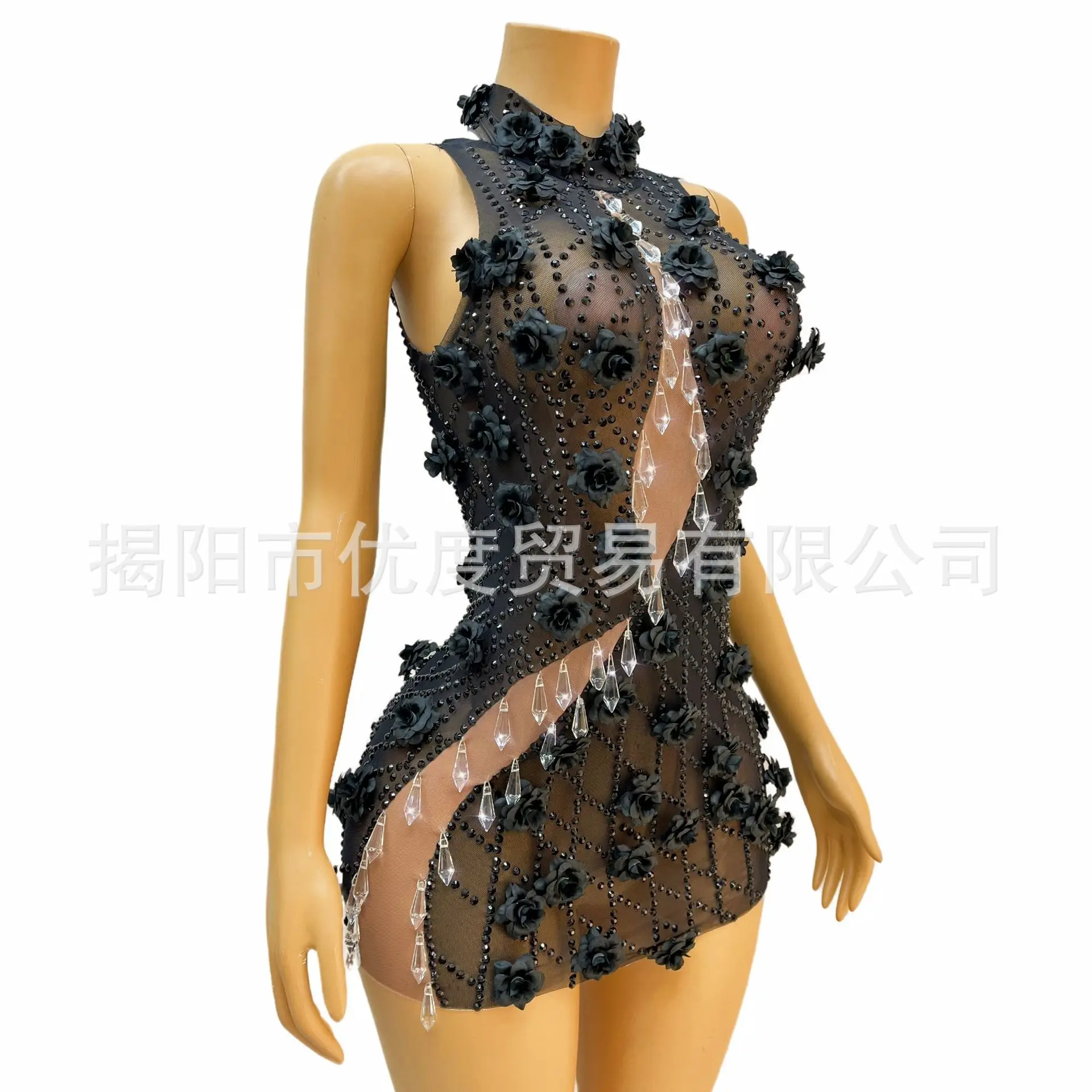 Three-dimensional Flower Rhinestone Crystal Performance Suit Perspective Short Skirt Suit Stage Performance Suit Shining Dress