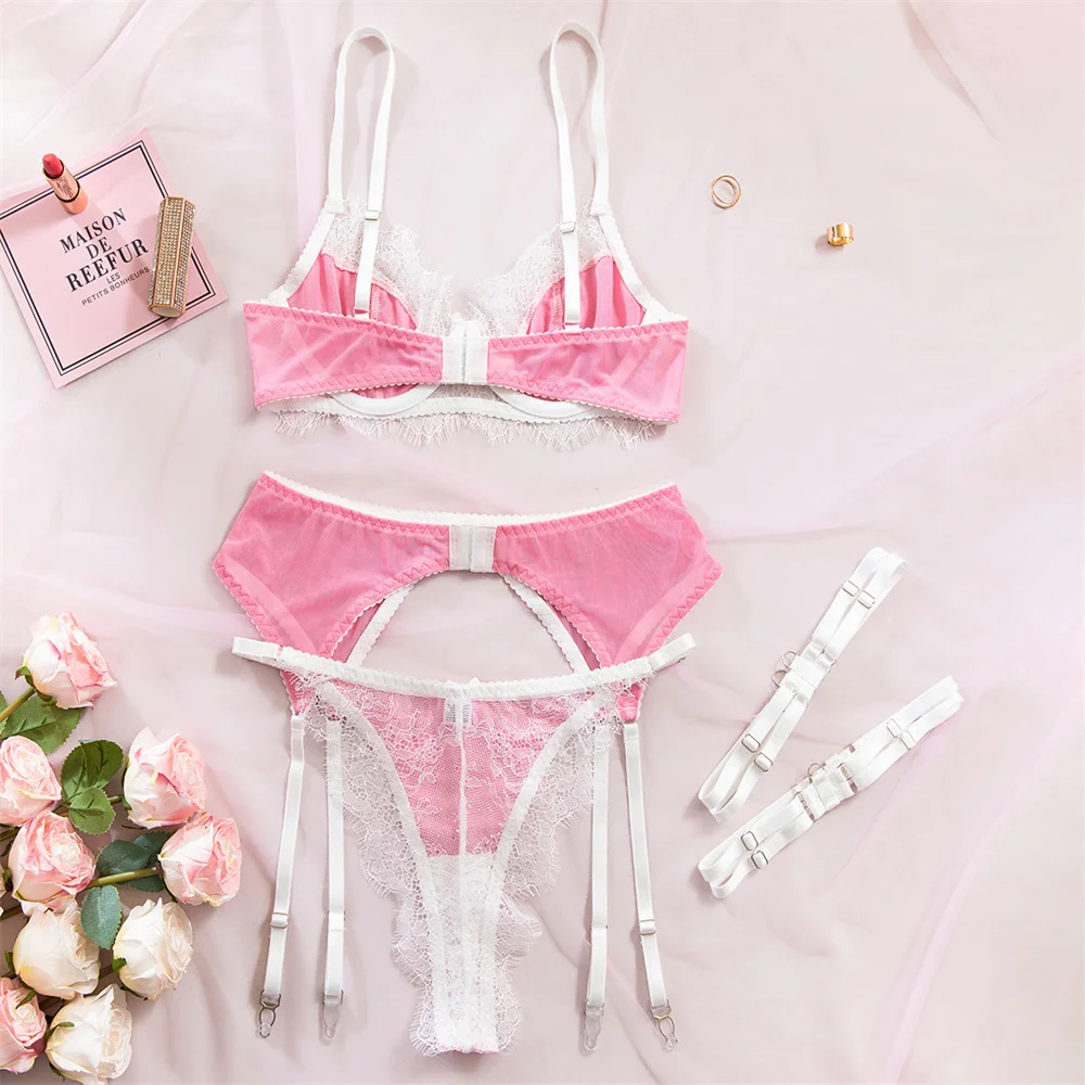 Conjunto de lencería de encaje dulce Krasapt, 4 piezas, sujetadores push-up sexys y bragas, conjuntos de liguero, conjunto delicado estilo hada
